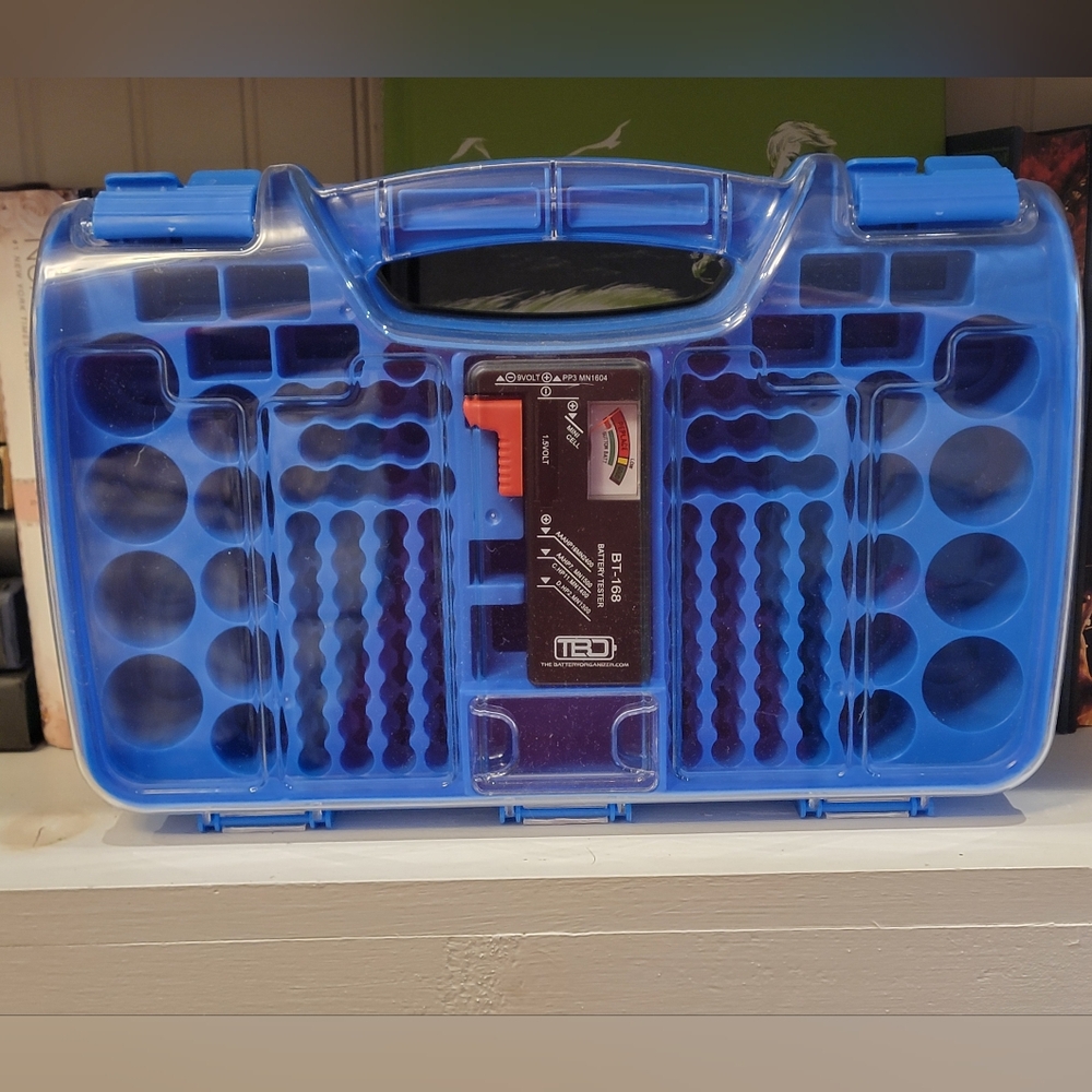 Blue Electronics Accessory Organizer Case with Integrated Tester